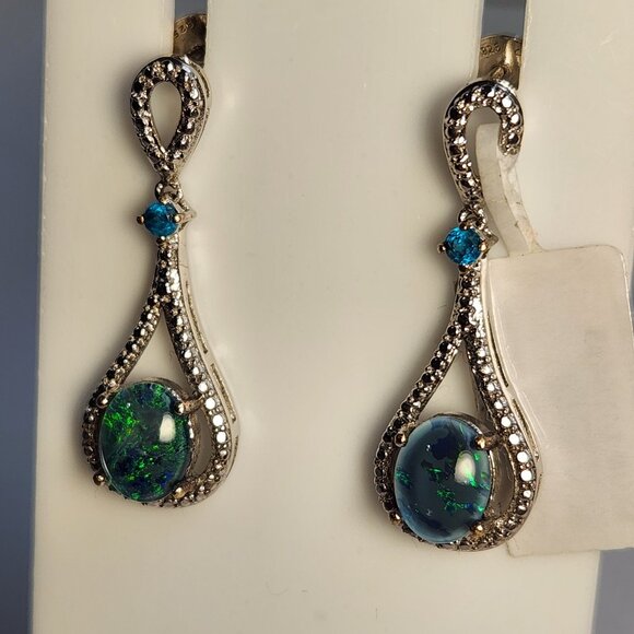 NWT 925 Natural Blue Ridge Opal Triplet & Apatite Art Deco Style Stud Earrings - Picture 8 of 14